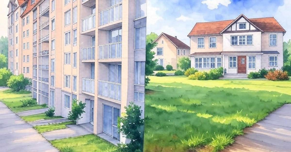 ein Doppelbild, eine Zeichnung mit einer Fassade für Mieter und einem Haus symbolisch für ein Eigenheim und den Weg von der Mietwohnung ins eigene Zuhause