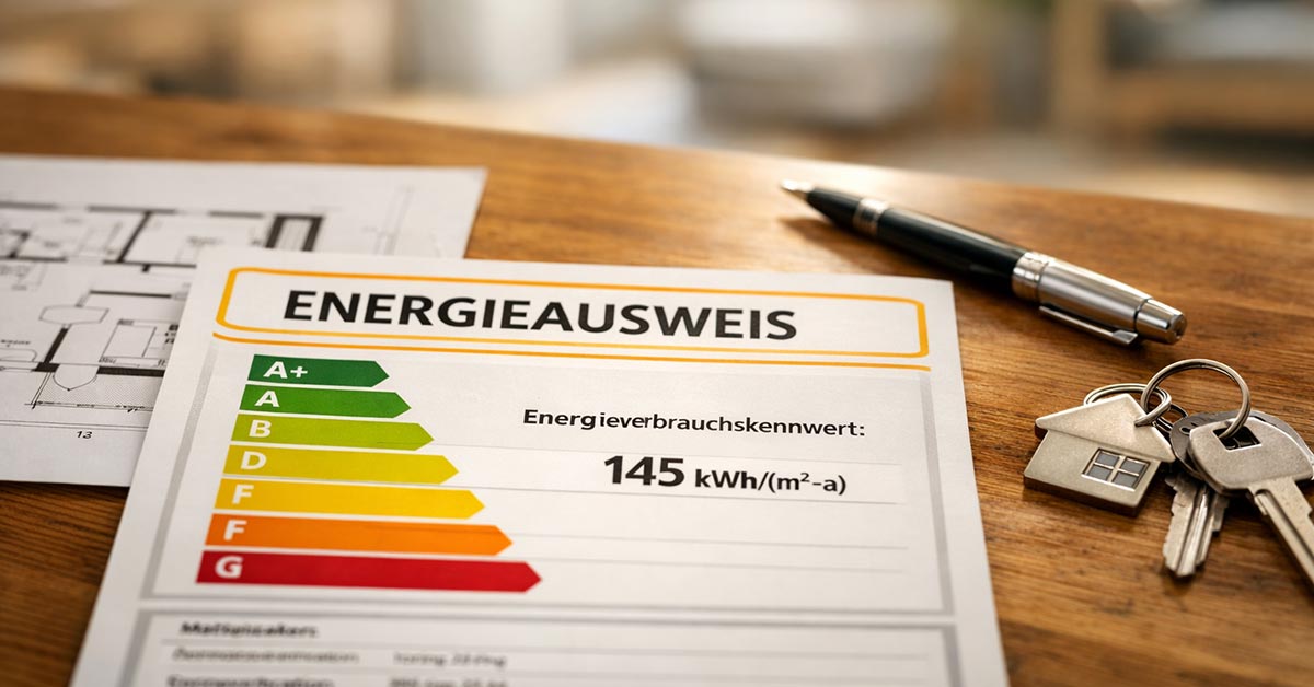 Energieausweis mit farbiger Effizienzskala und Verbrauchswert von 145 kWh/(m²·a) auf einem Holztisch, daneben liegen ein Grundrissplan, ein Stift und ein Schlüsselbund als Symbol für Immobilie und Eigentum. | Energieausweis