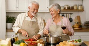 Älteres Paar kocht gemeinsam in einer hellen Küche – Sinnbild für selbstbestimmtes, altersgerechtes Wohnen im eigenen Zuhause oder in einer barrierefreien Immobilie | Barrierfreier Umbau