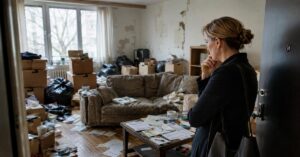 Vermieterin steht nachdenklich in einer stark verwahrlosten Wohnung mit Kartons, Müll und Schäden – Symbolbild für Mietnomaden und Vermietungsrisiken. | Immobilienvermietung